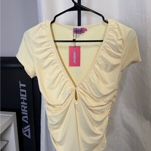 Edikted Light Yellow Ruched Short Sleeve Top